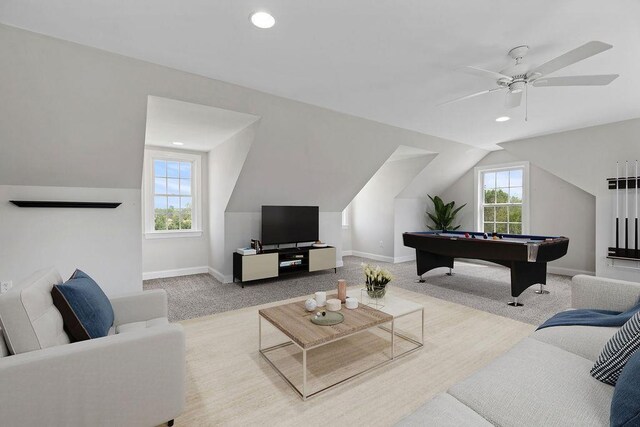 1916 Tinkling Spring Rd, Stuarts Draft, VA 24477 - carpeted living room with pool table, lofted ceiling, a ceiling fan, baseboards, and recessed lighting
