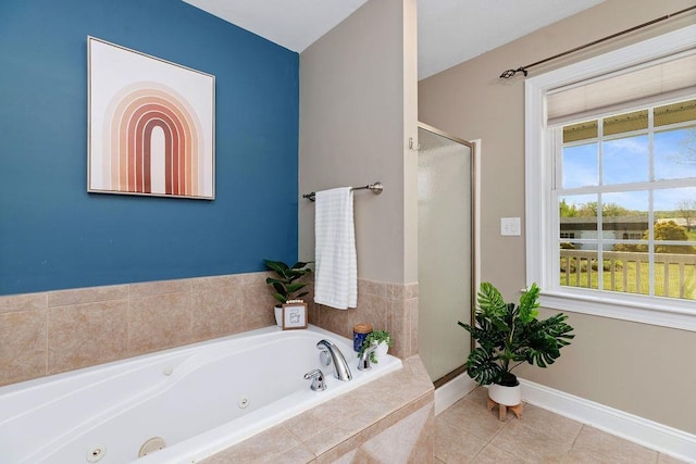 1916 Tinkling Spring Rd, Stuarts Draft, VA 24477 - bathroom with a stall shower, a whirlpool tub, tile patterned floors, and baseboards