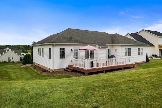 902 Waterton St, Staunton, VA 24401 - rear view of house with crawl space, a shingled roof, a lawn, and a deck