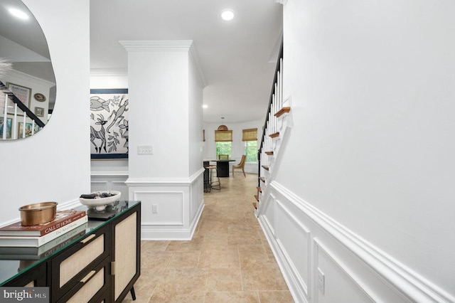 13904 Hunting Run Dr, Fredericksburg, VA 22407 - hall featuring a decorative wall, crown molding, recessed lighting, a wainscoted wall, and stairway