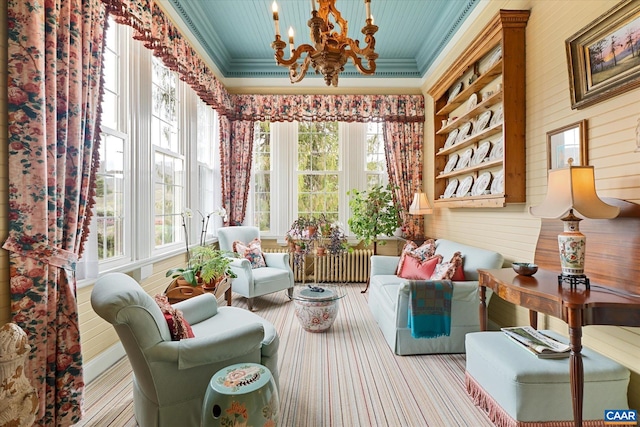 356 Routier Hill Rd, Hot Springs, VA 24445 - sitting room featuring ornamental molding, a chandelier, and wooden walls