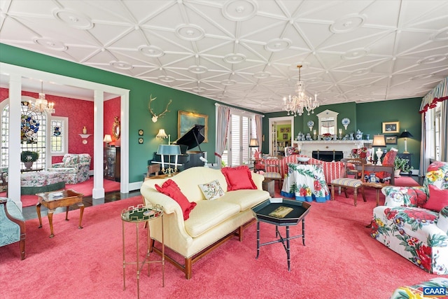 356 Routier Hill Rd, Hot Springs, VA 24445 - carpeted living area featuring a chandelier, an ornate ceiling, and a fireplace