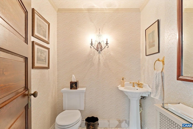 356 Routier Hill Rd, Hot Springs, VA 24445 - half bathroom featuring toilet, crown molding, a chandelier, and radiator heating unit