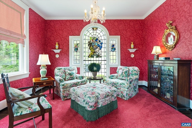 356 Routier Hill Rd, Hot Springs, VA 24445 - sitting room with healthy amount of natural light, a chandelier, wallpapered walls, crown molding, and carpet