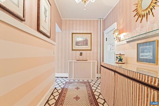 356 Routier Hill Rd, Hot Springs, VA 24445 - hallway with light flooring, wallpapered walls, baseboards, and crown molding