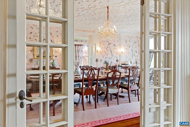 356 Routier Hill Rd, Hot Springs, VA 24445 - dining space featuring a chandelier and crown molding