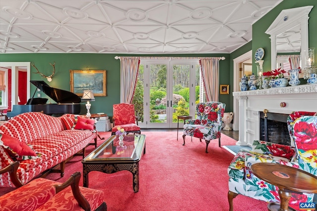 356 Routier Hill Rd, Hot Springs, VA 24445 - carpeted living area featuring an ornate ceiling, french doors, and a fireplace