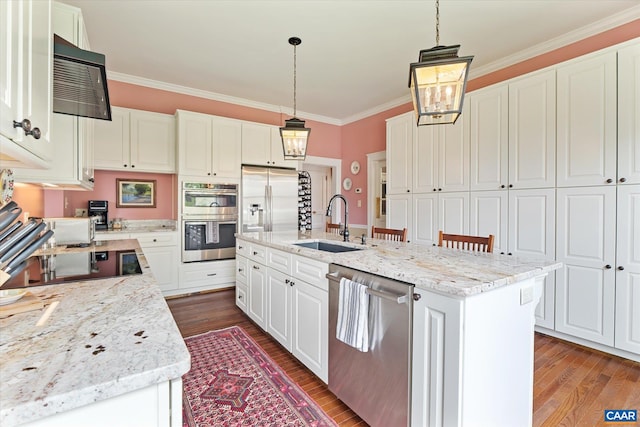 356 Routier Hill Rd, Hot Springs, VA 24445 - kitchen featuring appliances with stainless steel finishes, a sink, crown molding, dark wood-style flooring, and white cabinets