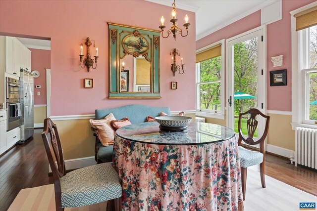 356 Routier Hill Rd, Hot Springs, VA 24445 - dining room featuring radiator, healthy amount of natural light, wood finished floors, and ornamental molding
