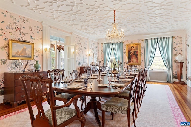 356 Routier Hill Rd, Hot Springs, VA 24445 - dining space featuring ornamental molding, a chandelier, light wood-type flooring, and wallpapered walls