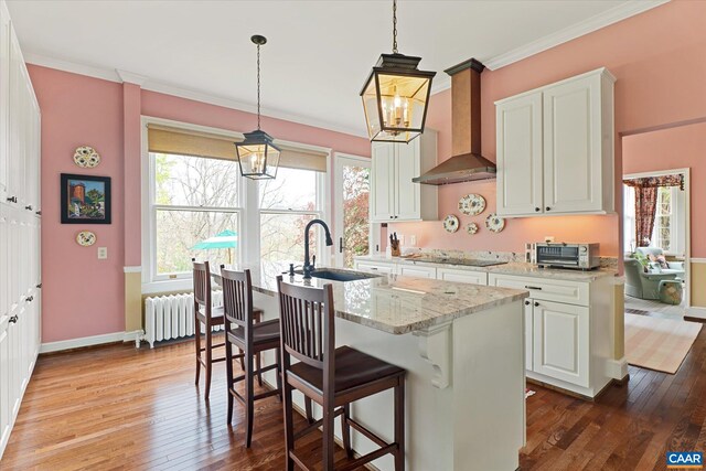 356 Routier Hill Rd, Hot Springs, VA 24445 - kitchen featuring radiator heating unit, wall chimney range hood, black electric cooktop, hardwood / wood-style floors, and baseboards