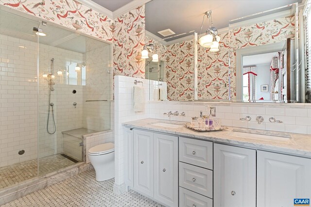 356 Routier Hill Rd, Hot Springs, VA 24445 - bathroom featuring wallpapered walls, ornamental molding, a stall shower, toilet, and double vanity