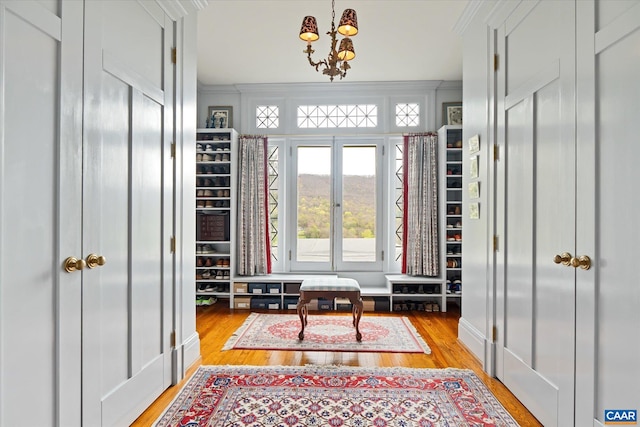 356 Routier Hill Rd, Hot Springs, VA 24445 - mudroom with light wood-style floors, a chandelier, and crown molding