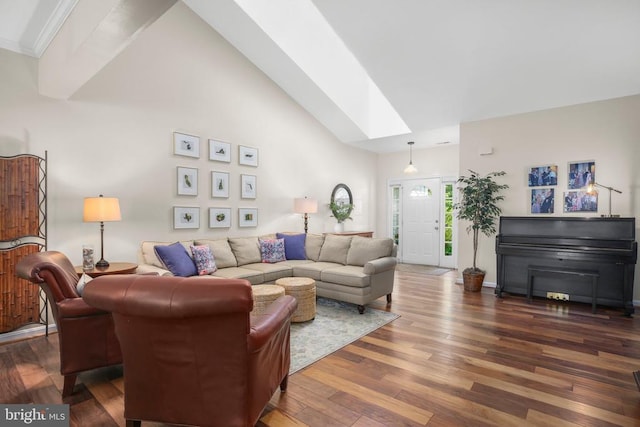 9204 Saint Andrews Ln, Fredericksburg, VA 22408 - living area with hardwood / wood-style floors, a skylight, and high vaulted ceiling