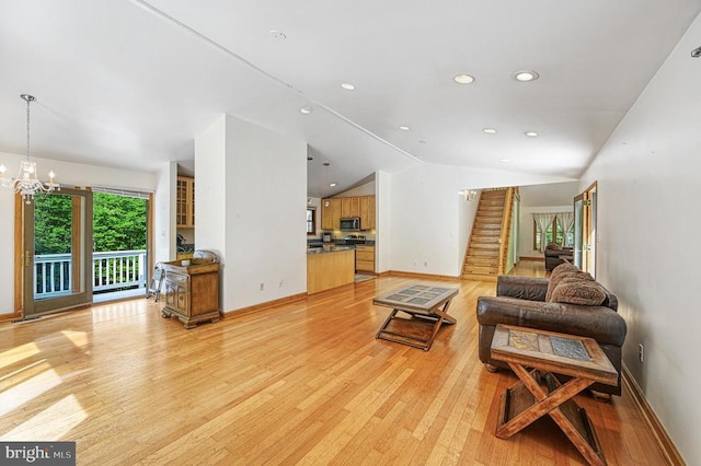 7312 Sugar Hollow Rd, Orange, VA 22960 - living area featuring baseboards, light wood-style floors, a chandelier, lofted ceiling, and recessed lighting