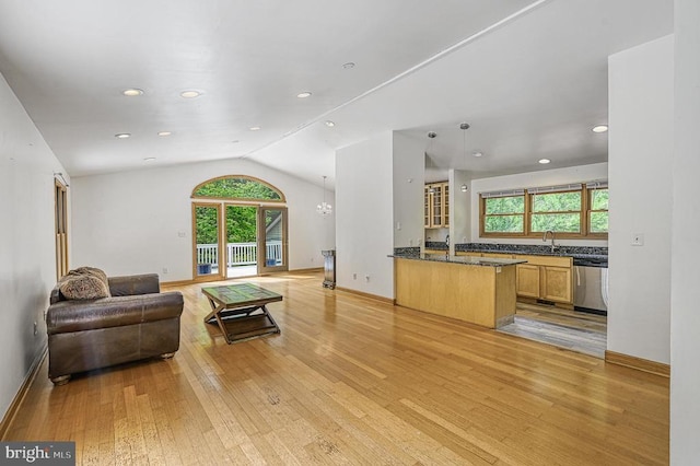 7312 Sugar Hollow Rd, Orange, VA 22960 - living room featuring healthy amount of natural light, light wood-type flooring, lofted ceiling, baseboards, and recessed lighting