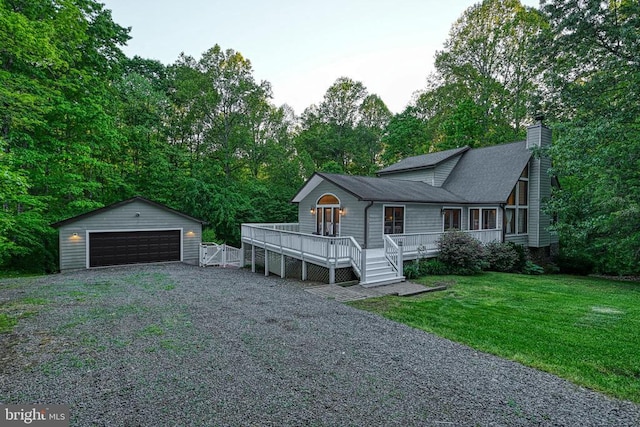 7312 Sugar Hollow Rd, Orange, VA 22960 - view of front of house featuring an outdoor structure, a wooden deck, a chimney, a garage, and a front lawn
