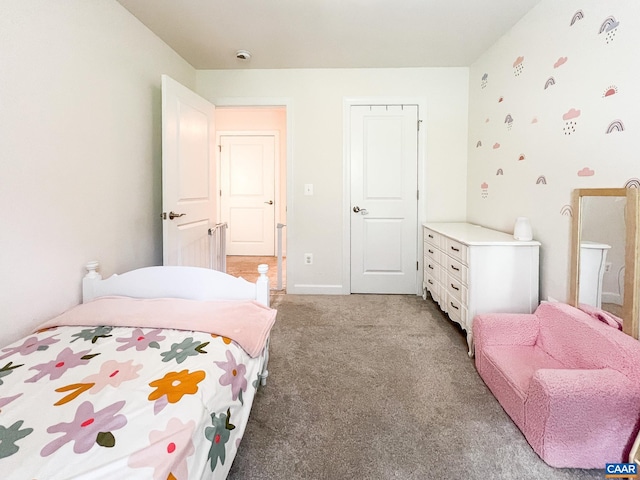 bedroom with light carpet