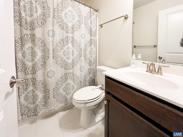 full bathroom with toilet, tile patterned flooring, vanity, and a shower with shower curtain