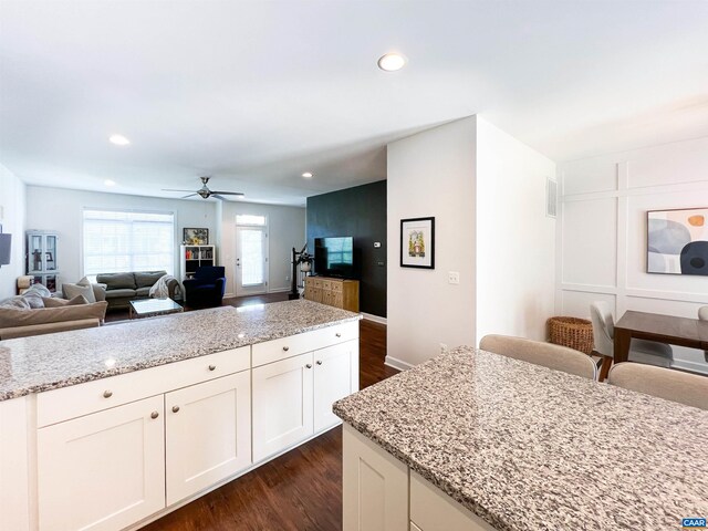 kitchen with appliances with stainless steel finishes, a sink, open shelves, dark wood finished floors, and light stone countertops
