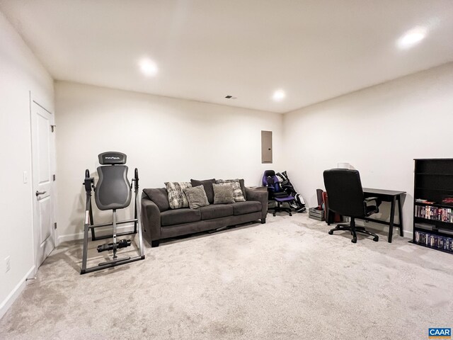 carpeted office featuring electric panel, recessed lighting, and baseboards