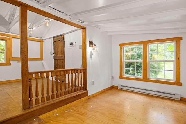 8196 Bow Bender Ln, Singers Glen, VA 22850 - empty room featuring a baseboard heating unit, beamed ceiling, plenty of natural light, and wood finished floors