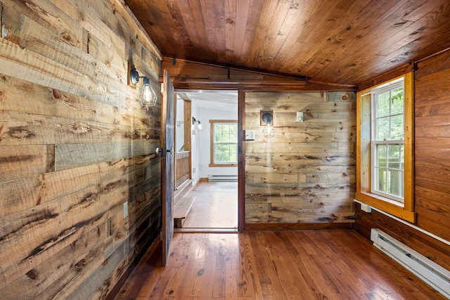 8196 Bow Bender Ln, Singers Glen, VA 22850 - unfurnished room with a baseboard radiator, wooden walls, wooden ceiling, healthy amount of natural light, and hardwood / wood-style floors