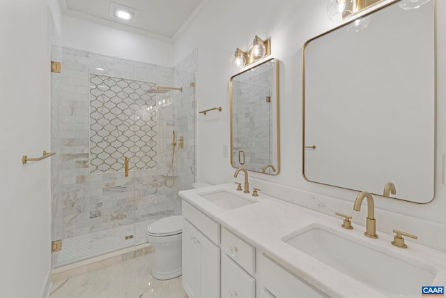 1108 E Jefferson St, Charlottesville, VA 22902 - full bath featuring a stall shower, double vanity, marble finish flooring, and ornamental molding