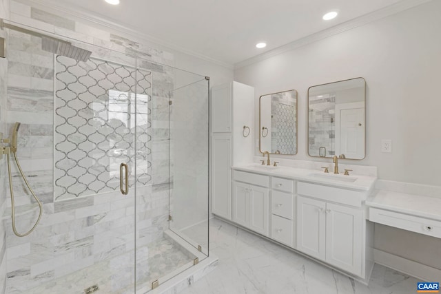 1108 E Jefferson St, Charlottesville, VA 22902 - bathroom featuring ornamental molding, double vanity, a shower stall, marble finish flooring, and recessed lighting