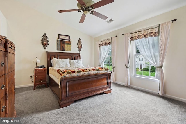  - bedroom featuring carpet, ceiling fan, and lofted ceiling