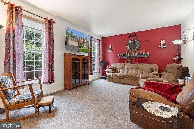  - living room with carpet and an accent wall