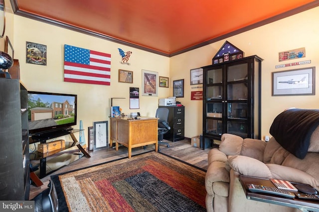  - office area with ornamental molding and wood finished floors