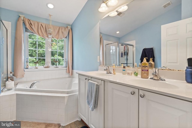  - full bathroom with a bath, a shower stall, double vanity, and recessed lighting