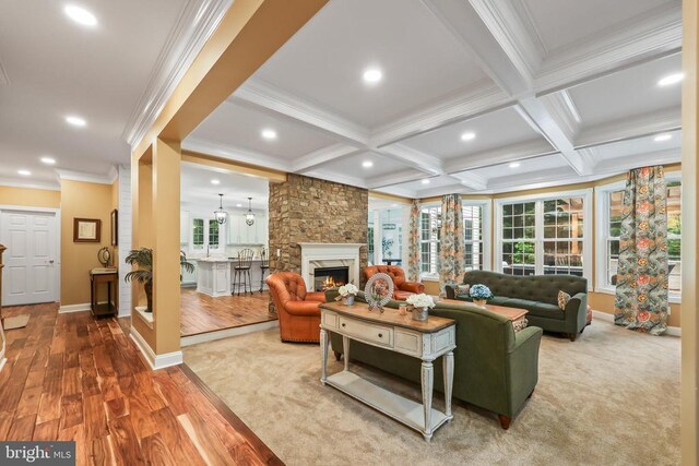 519 Cardinal Ln, Warrenton, VA 20186 - living room with wood finished floors, ornamental molding, a stone fireplace, beamed ceiling, and recessed lighting