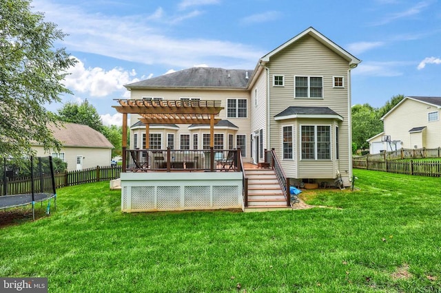 519 Cardinal Ln, Warrenton, VA 20186 - rear view of property with a trampoline, a wooden deck, a pergola, and stairs