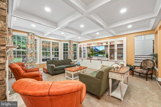 519 Cardinal Ln, Warrenton, VA 20186 - living room with coffered ceiling, beam ceiling, crown molding, recessed lighting, and baseboards