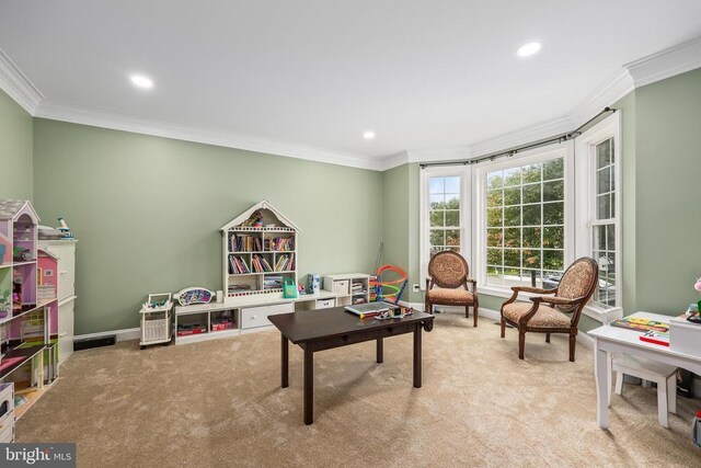 519 Cardinal Ln, Warrenton, VA 20186 - playroom with crown molding, carpet, baseboards, and recessed lighting