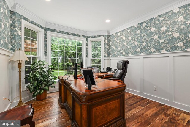 519 Cardinal Ln, Warrenton, VA 20186 - office with wallpapered walls, a wainscoted wall, dark wood-style floors, a decorative wall, and crown molding