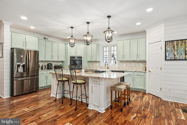 519 Cardinal Ln, Warrenton, VA 20186 - kitchen with stainless steel fridge with ice dispenser, backsplash, green cabinetry, recessed lighting, and a chandelier