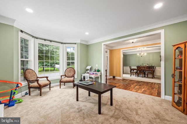 519 Cardinal Ln, Warrenton, VA 20186 - living area with ornamental molding, baseboards, carpet, recessed lighting, and a chandelier