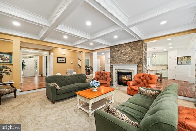 519 Cardinal Ln, Warrenton, VA 20186 - carpeted living area with ornamental molding, beamed ceiling, a premium fireplace, recessed lighting, and baseboards