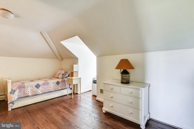  - bedroom featuring vaulted ceiling, dark wood finished floors, and a baseboard radiator