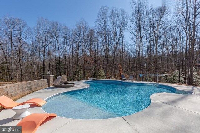 swimming pool featuring a patio area, a diving board, and a wooded view