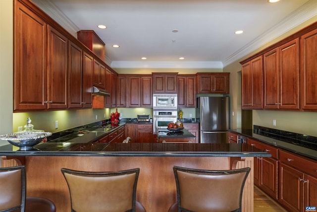 kitchen featuring appliances with stainless steel finishes, a peninsula, under cabinet range hood, dark countertops, and ornamental molding