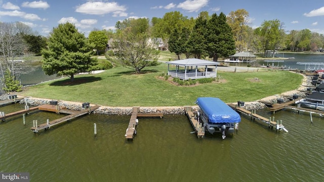 3704 Elk Creek Rd, Mineral, VA 23117 - view of dock with a water view, a lawn, and boat lift