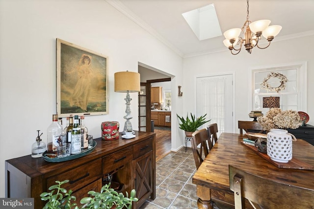 3704 Elk Creek Rd, Mineral, VA 23117 - dining space featuring ornamental molding, a notable chandelier, and a skylight