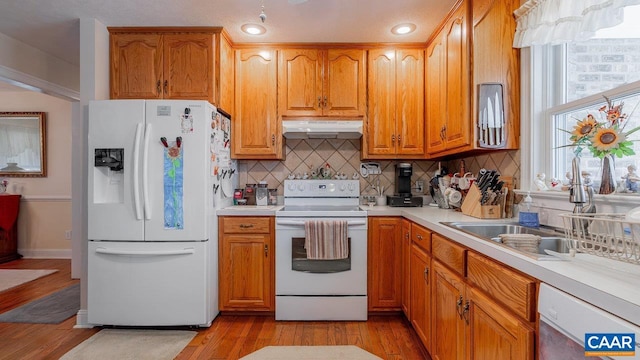 2273 Bloomer Springs Rd, Mcgaheysville, VA 22840 - kitchen with under cabinet range hood, light countertops, light wood-type flooring, and white appliances
