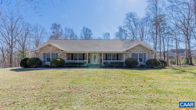 2273 Bloomer Springs Rd, Mcgaheysville, VA 22840 - ranch-style home featuring brick siding, roof with shingles, a front yard, and a porch