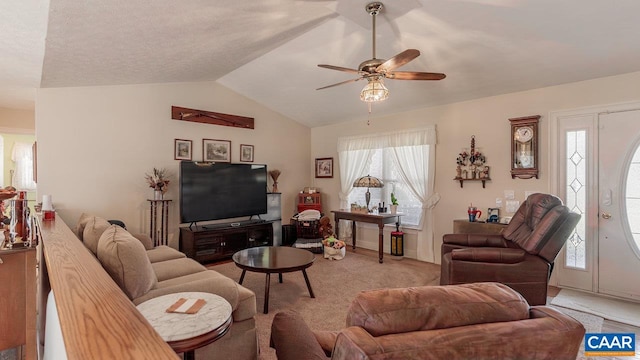 2273 Bloomer Springs Rd, Mcgaheysville, VA 22840 - living area featuring light colored carpet, vaulted ceiling, and ceiling fan