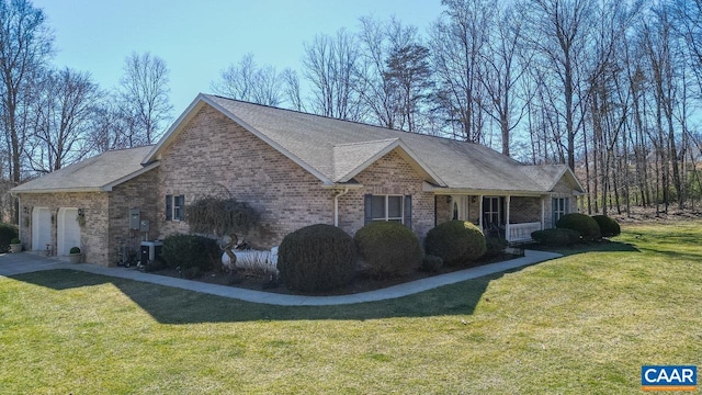 2273 Bloomer Springs Rd, Mcgaheysville, VA 22840 - view of home's exterior with a yard, brick siding, an attached garage, central AC, and a shingled roof